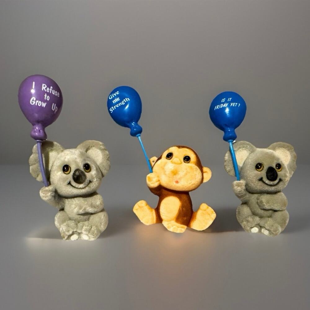 Vintage Mini Flocked Koala & Monkey Set – 80s 90s Desk Decor Small Motivational